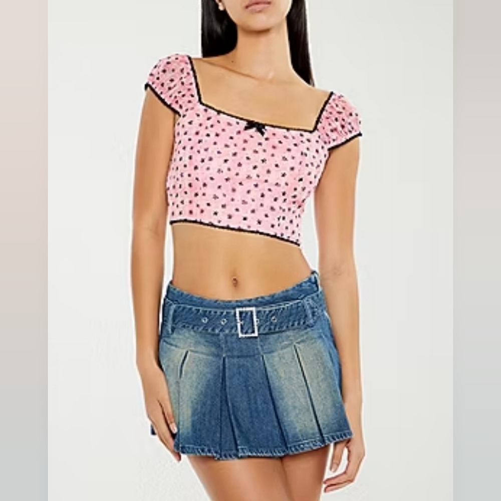 NWT Forever21 Pink Black Juniors Womens Square Neck Short Sleeve Blouse Size XL